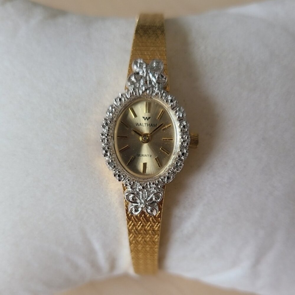 WALTHAM Vintage cocktail gold watch with silver bezel circa 1960s 70s - Picture 2 of 14